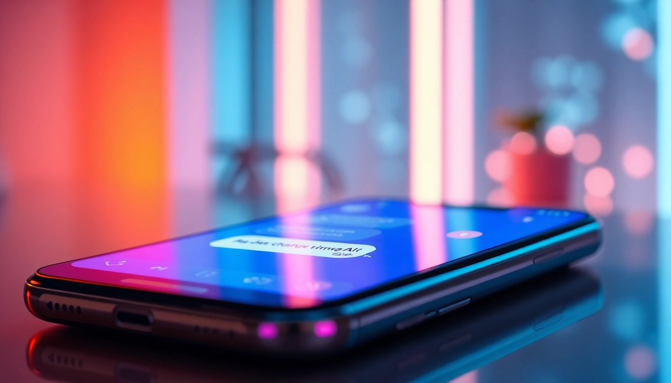 An illustration of a smartphone screen showing an engaging AI chat interface with vibrant colors and a focus on customization and interaction.