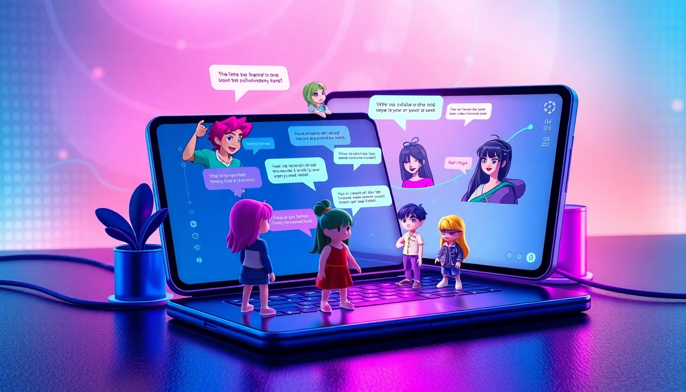 Digital illustration of customizable AI chat interface with diverse characters on devices, glowing neon accents, and a vibrant digital background.