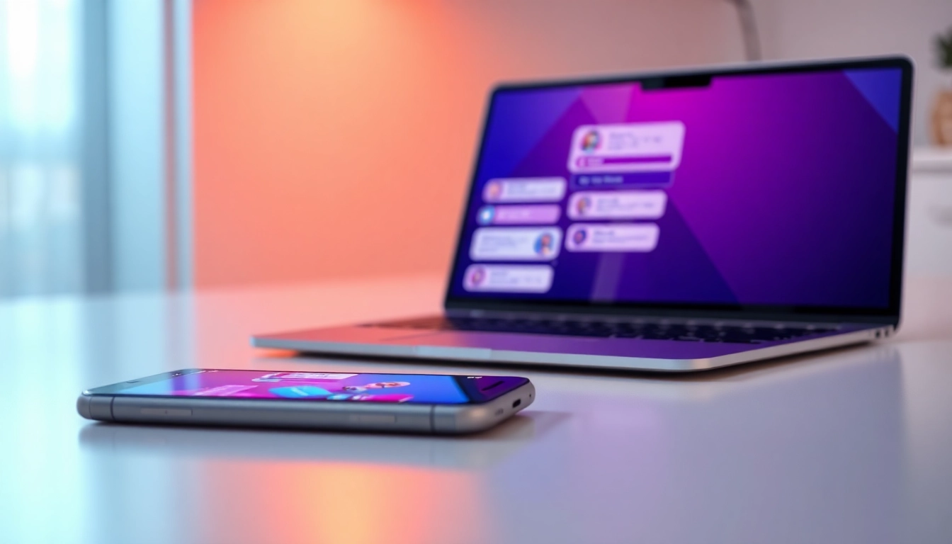 Digital illustration of a smartphone and laptop showing a chat interface with AI characters, warm ambient lighting, modern setting.