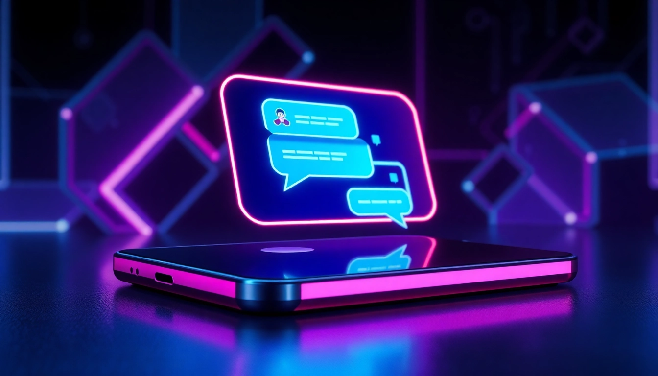 Futuristic digital chatbot interface with neon colors and holographic elements on a sleek device screen.