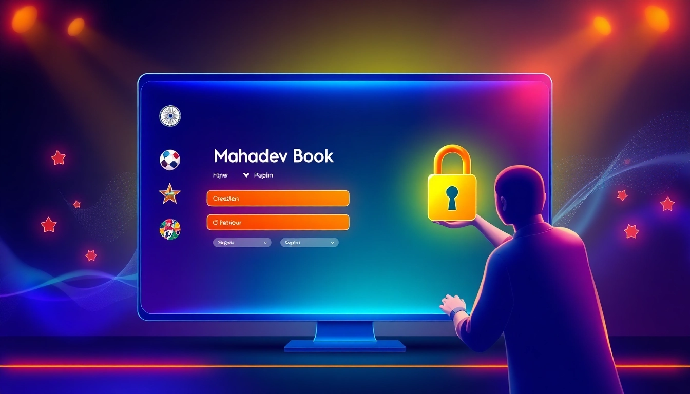 Generate Mahadev Book Id registration on a secure platform with sports icons and Indian flag colors for trust and engagement.