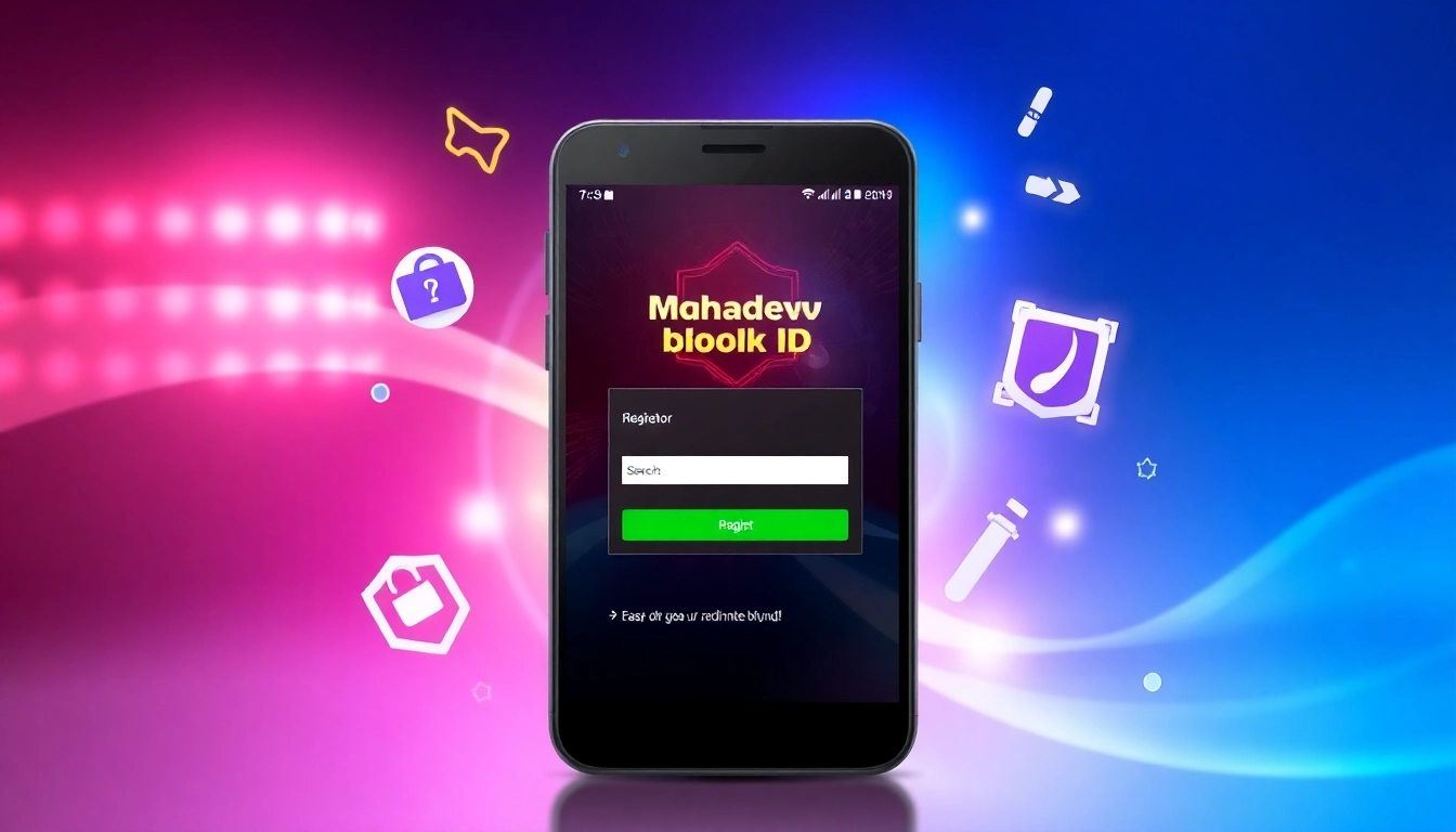 Create an image showing a smartphone with Mahadev book id registration screen, highlighting
