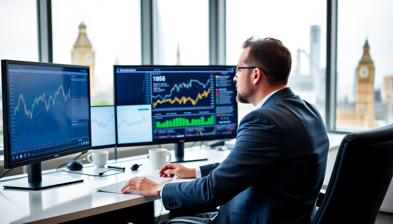 Financial analyst reviewing investment updates UK with charts and UK landmarks in background