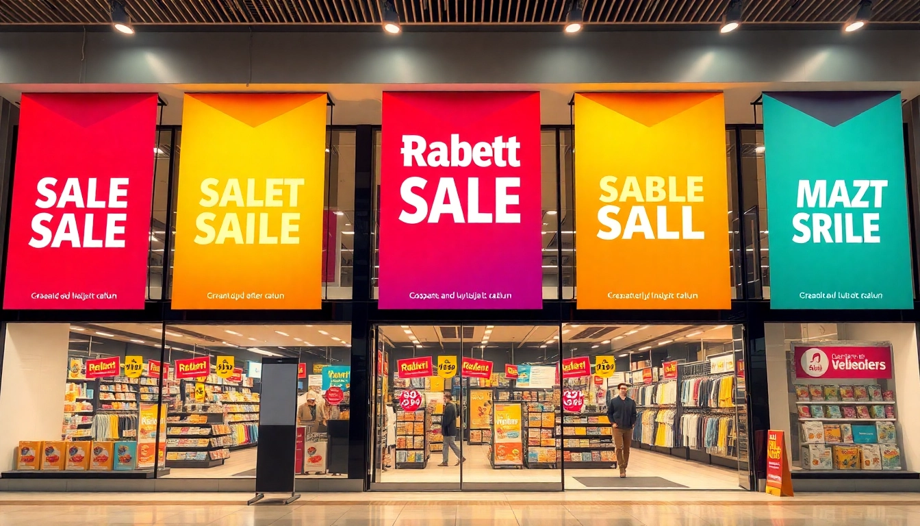 Bright retail store displaying Rabatt discounts on promotional signs to attract shoppers