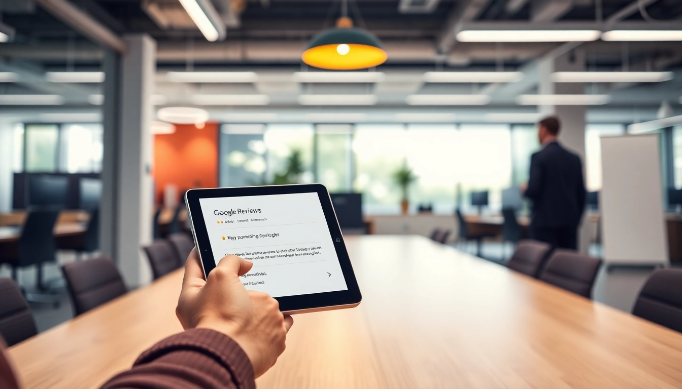 Business owner reviewing Google Reviews on digital device to improve reputation and customer trust