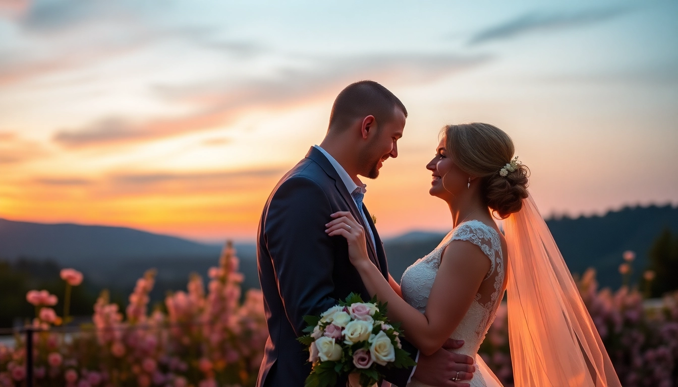 Professional team capturing beautiful eskuvo fotozas moments during outdoor sunset with a happy