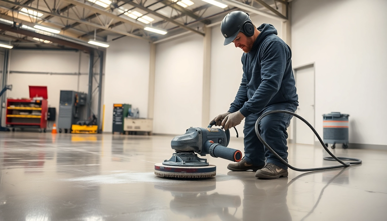 Professional concrete grinding Birmingham service showcasing a technician smoothing a concrete