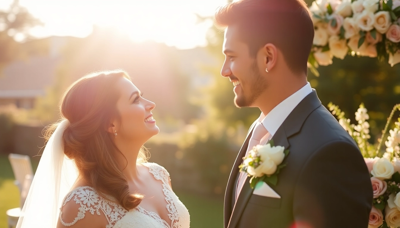 Capture a natural and romantic eskuvo fotozas scene with a happy couple outdoors during sunset,